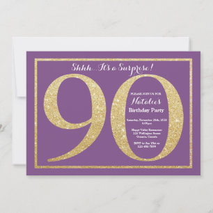 Convites Surpresa de Aniversário de 90 anos Roxo e Dourado