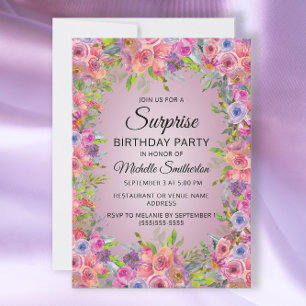 Convites Surpresa de Aniversário Floral Aguarela Rosa Roxo