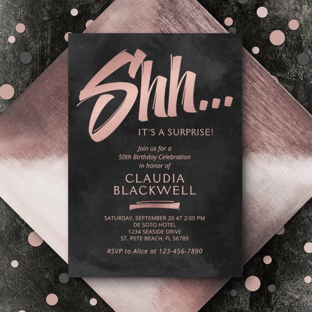 Convites Surpresa de Aniversário Negro Rosa Dourado (Criador carregado)