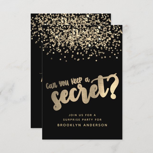 Convites Surpresa de Black Dourado Glitter Birthday (Frente/Verso)