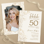 Convites Surpresa de Foto Dourada Elegante 50º Aniversário<br><div class="desc">Surpresa de creme de ouro 50º convite de aniversário com sua foto na parte de trás do cartão. A moderna design feminina moderna tem sotaques botânicos e letra de script de tipografia. Simples cartão de convite floral perfeito para uma festa surpresa na moda. Pode ser personalizado para qualquer idade. Impressos...</div>