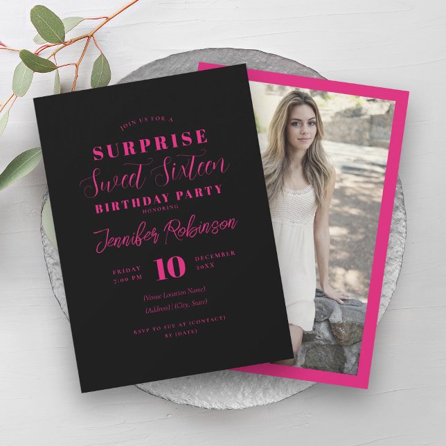 Convites Surpresa de Foto Preta Simples, Rosa-Quente, Doce  (Simple Hot Pink Black Photo SURPRISE Sweet 16 Invitation)