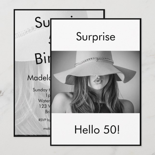 Convites Surpresa de Foto Preto e Branco para 50º Aniversár (Frente/Verso)