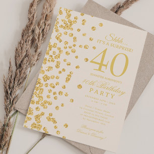 Convites Surpresa de Glitter Dourado Champanhe de 40 Anos