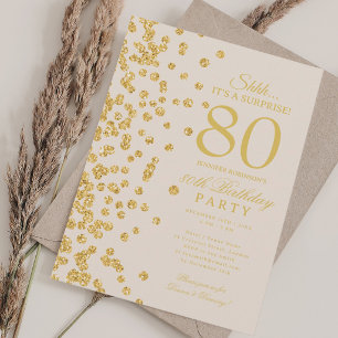 Convites Surpresa de Glitter Dourado Champanhe de 80 Anos