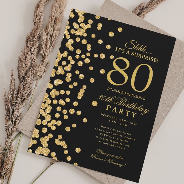 Convites Surpresa de Glitter Dourado para Aniversário de 80 (Gold Glitter Surprise 80th Birthday Black Invitation)