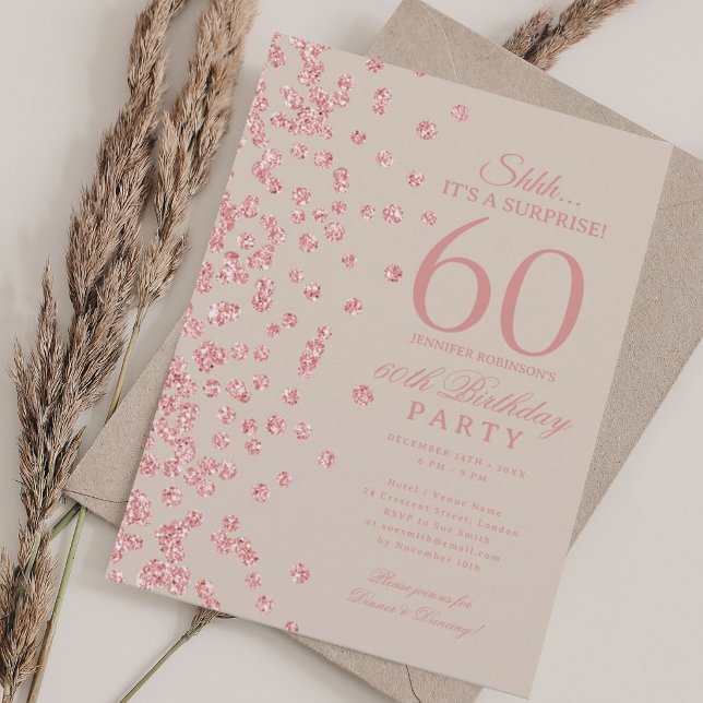 Convites Surpresa de Glitter em Rose Gold para Champanhe de (Rose Gold Glitter Surprise 60th Birthday Champagne Invitation)