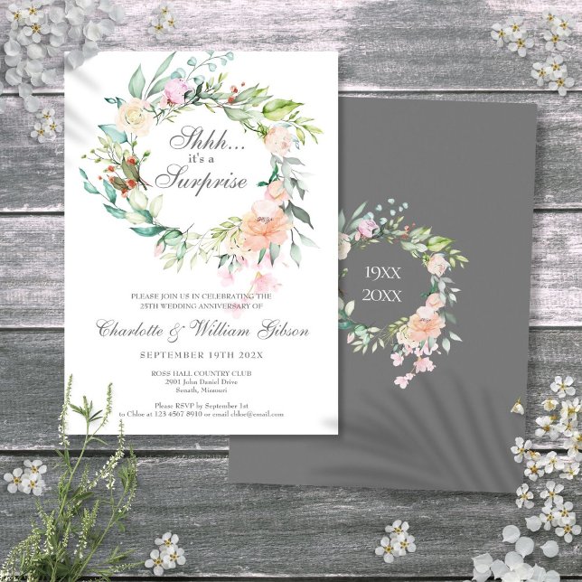 Convites Surpresa de Rosas com Folhagens para Bodas de Prat (Surprise 25th Silver Anniversary Roses Greenery Invitation)