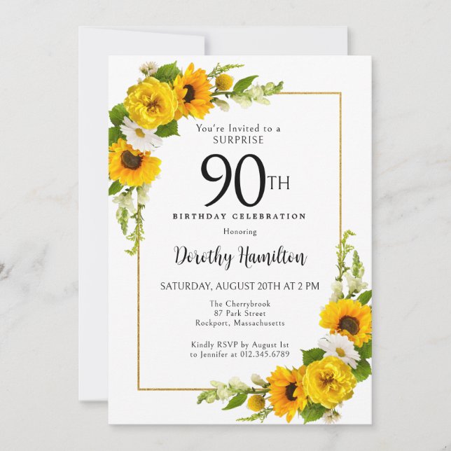 Convites Surpresa de Sunflower White Daisy 90 Birthday (Frente)