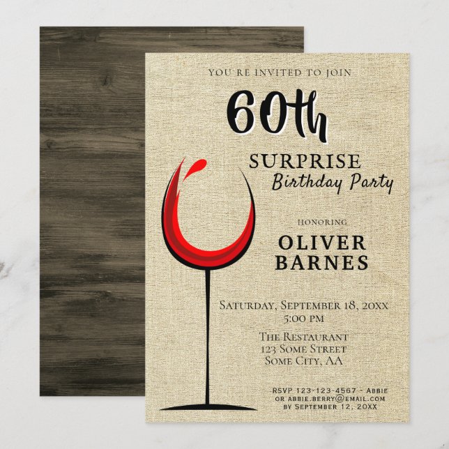 Convites Surpresa de Vinho Tinto Rústico para 60º Aniversár (Frente/Verso)