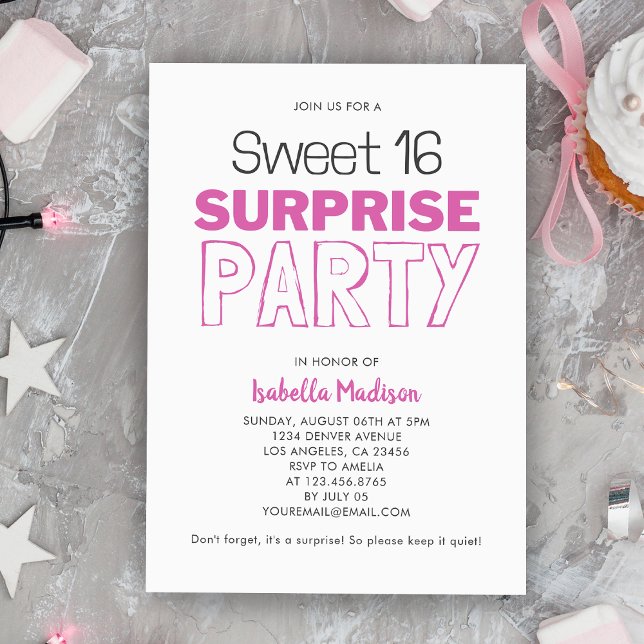 Convites Surpresa Doce 16 Festa de aniversário rosa (Surprise Sweet 16 Pink Birthday Party Invitation
)