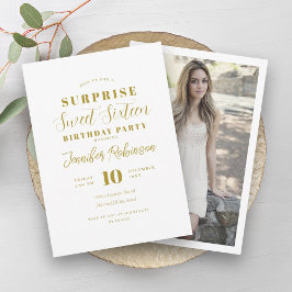 Convites Surpresa Dourada de Foto Simples Elegante Doce 16