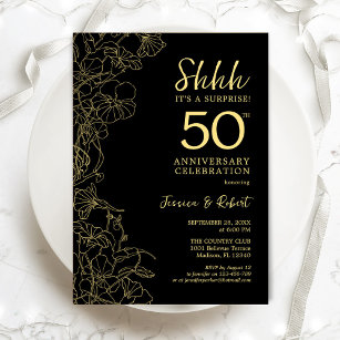 Convites Surpresa Dourada Floral Negra 50º Aniversário