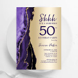 Convites Surpresa Dourada Roxa Surpresa 50º aniversário<br><div class="desc">Roxo e ouro agitam surpresa 50º convite de aniversário. Elegante design moderno com aquarela agate marble geode background,  faux glitter gold e typografia script font. Trendy convida o cartão perfeito para uma comemoração de dia das mulheres na moda. Impressos convites Zazzle ou modelo de impressão digital instantânea para download.</div>