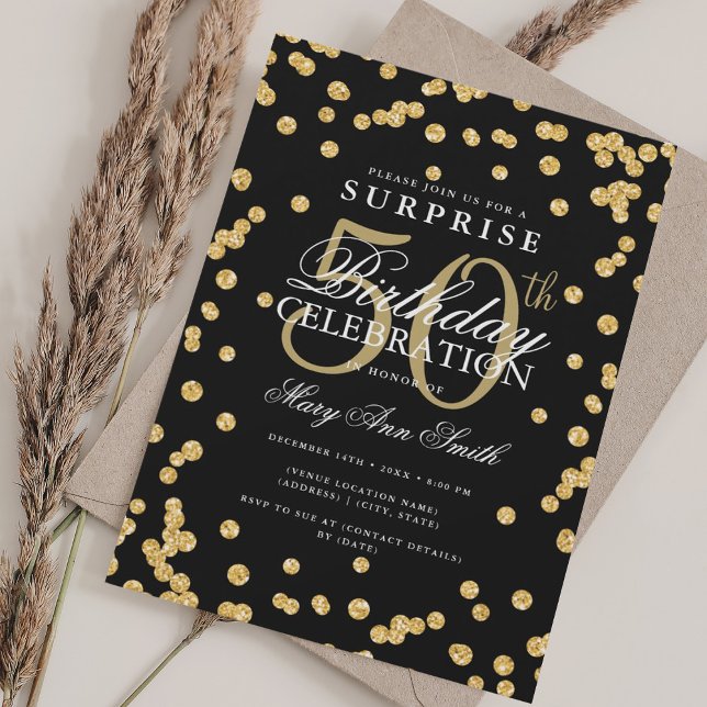 Convites SURPRESA Elegante 50º aniversário Dourado Negro (Elegant SURPRISE 50th Birthday Gold Black Invitation)