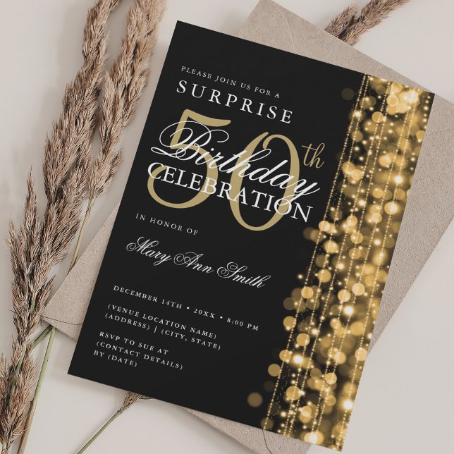 Convites Surpresa Elegante 50º Aniversário Ganha Dourado (Elegant Surprise 50th Birthday Sparkles Gold Invitation)