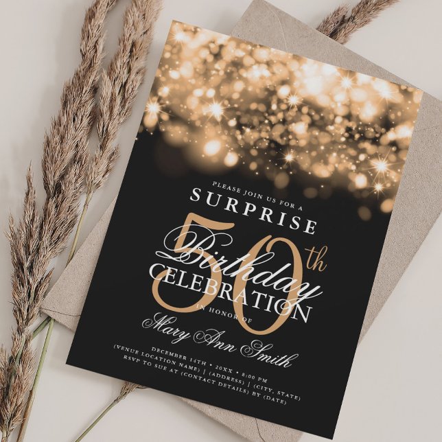 Convites SURPRESA Elegante 50º aniversário Luxurioso Dourad (Elegant SURPRISE 50th Birthday Luxurious Gold Invitation)