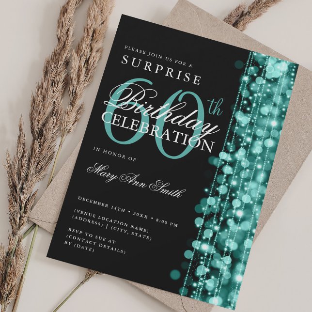 Convites Surpresa Elegante 60º Aniversário Ganha Turquesa (Elegant Surprise 60th Birthday Sparkles Turquoise Invitation)