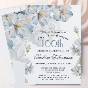 Convites SURPRESA Elegante Floral Azul Aniversário de 100 a