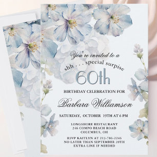 Convites SURPRESA Elegante Floral Azul para 60º Aniversário