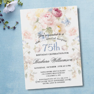 Convites SURPRESA Elegante Floral Pintado Aniversário de 75