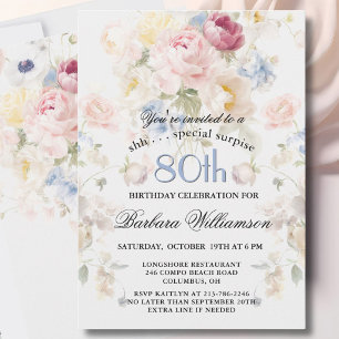 Convites SURPRESA Elegante Floral Pintado Aniversário de 80