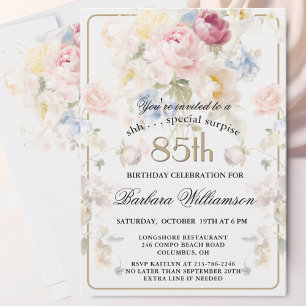 Convites SURPRESA Elegante Floral Pintado Aniversário de 85