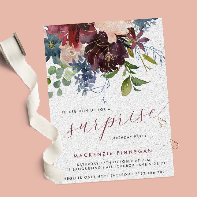 Convites Surpresa Festa de aniversário Borgonha e Marinho F (Criador carregado)