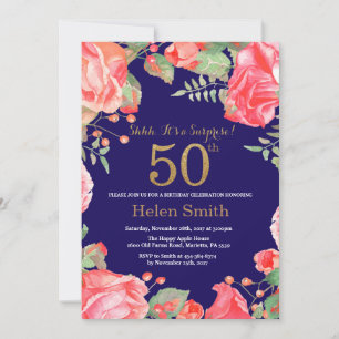 Convites Surpresa Floral 50º Aniversário Dourado Azul