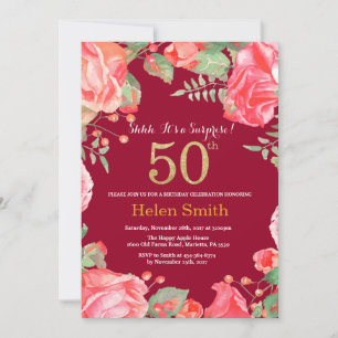 Convites Surpresa Floral 50º aniversário Dourado Vermelho