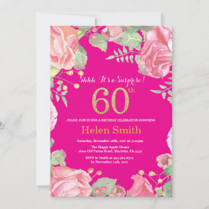 Convites Surpresa Floral 60º aniversário Dourada e rosa q