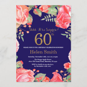 Convites Surpresa Floral 60º Aniversário Dourado Azul