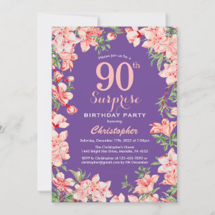 Convites Surpresa Floral 90 de Aniversário Flores Rosa Pú