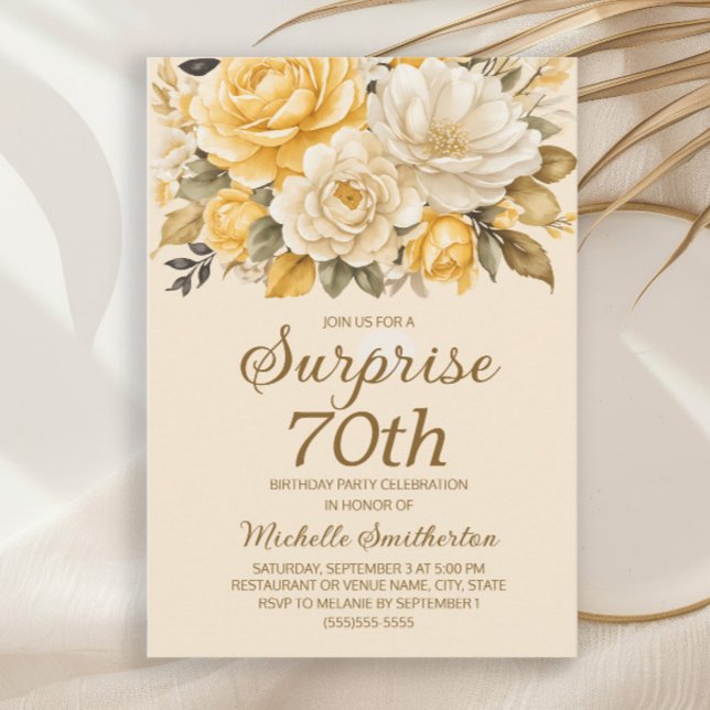 Convites Surpresa Floral Amarela Cream Watercolor (Yellow and ivory/cream-colored watercolor floral surprise 70th birthday party invitation for her.)