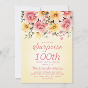 Convites Surpresa Floral Amarelo Pink Springtime 100th