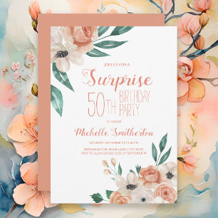 Convites Surpresa Floral Aquarela Pêssego 50º Aniversário