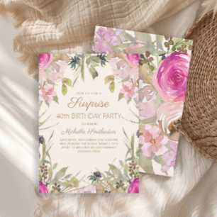 Convites Surpresa Floral Aquarela Rosa 40º Aniversário