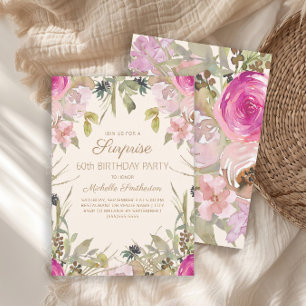 Convites Surpresa Floral Aquarela Rosa de 60 Anos