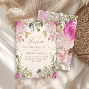 Convites Surpresa Floral Aquarela Rosa de 80 Anos