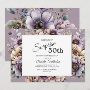 Convites Surpresa Floral Bege Creme Roxo 50º Aniversário
