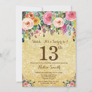 Convites Surpresa Floral Brilho Dourado 13º Aniversário