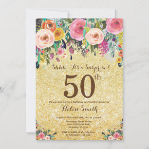 Convites Surpresa Floral Brilho Dourado 50º Aniversário