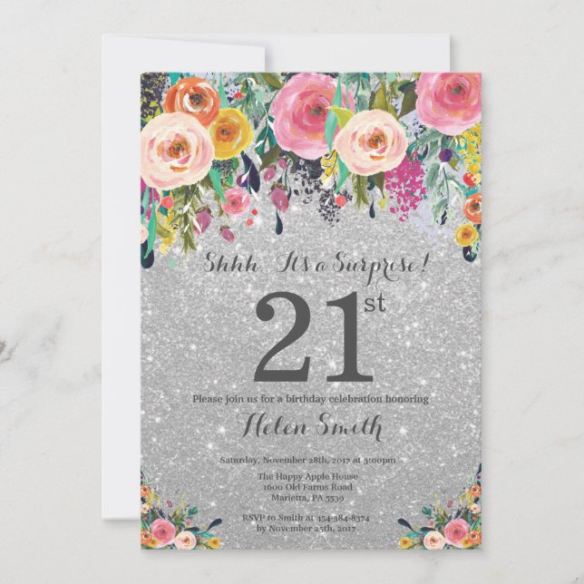 Convites Surpresa Floral com Brilho Prateado para Aniversár (Frente)