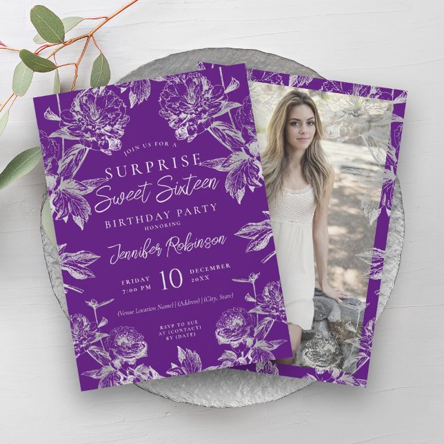 Convites Surpresa Floral de Prata Roxa 16 (Purple Silver Floral Photo SURPRISE Sweet 16 Invitation)