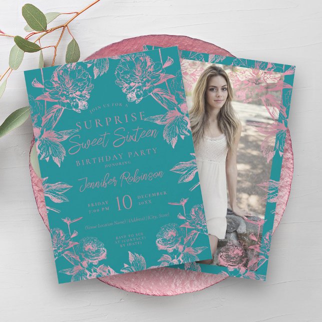 Convites SURPRESA FLORAL Dourada Turquesa Rosa Doce 16 (Turquoise Rose Gold Floral SURPRISE Sweet 16 Invitation)
