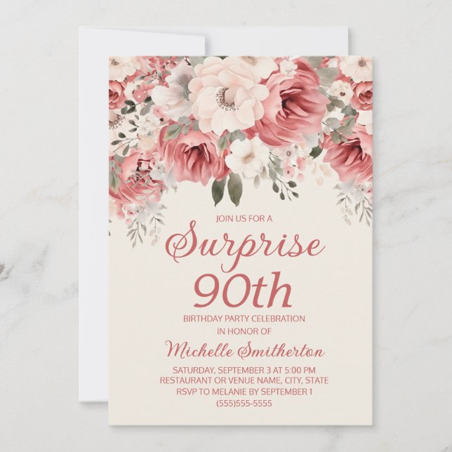 Convites Surpresa Floral em Tons de Rosa e Creme em Aquarel (Frente)