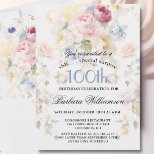 Convites SURPRESA Floral Pintada Elegante 100º Aniversário