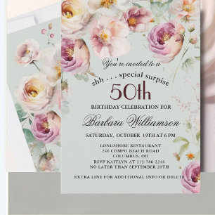 Convites Surpresa Floral Pintada Elegante de 50º Aniversári
