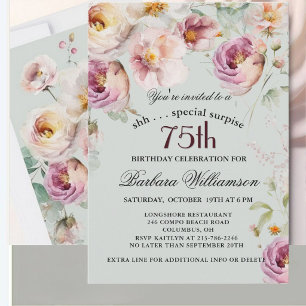Convites Surpresa Floral Pintada Elegante de 75 Anos de Ida
