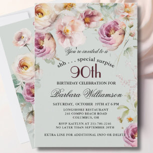 Convites Surpresa Floral Pintada Elegante de 90 Anos